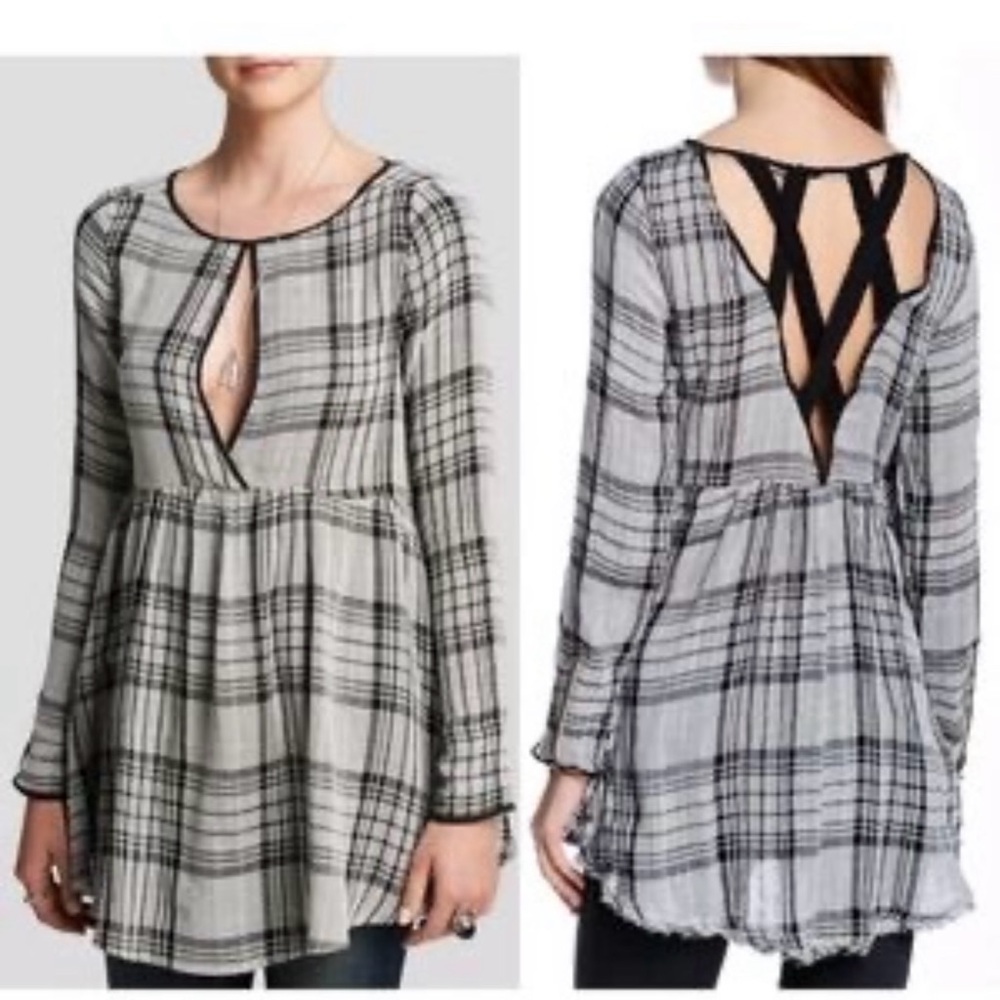 S Free People Swing Me Baby Tunic Blouse Dress Gray Plaid Boho Long Sleeve Pocke
